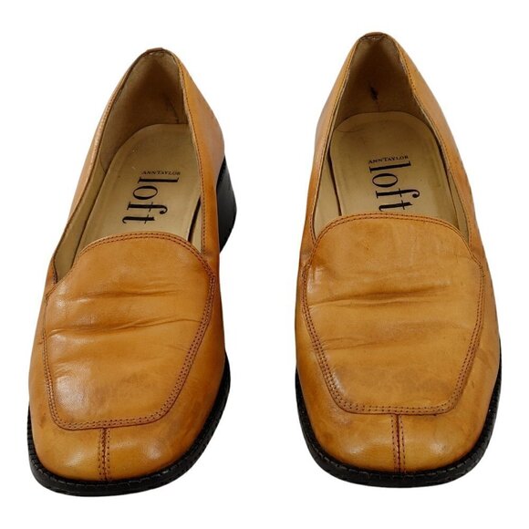 ANN TAYLOR LOFT Caramel Distressed Leather Slip-On Loafers 7M  Good Pre-Owned - Picture 2 of 9
